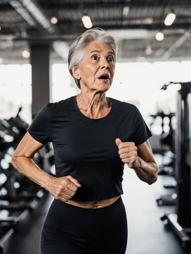 이 이미지는 50대 혼혈 여성이 운동복을 입고 놀란 표정을 지으며 현대적인 운동 센터에서 달리는 모습을 보여줍니다. 그녀의 팔은 앞으로 흔들리며, 밝은 조명과 운동 기구로 가득한 환경 속에서 활기와 에너지를 포착하고 있습니다.