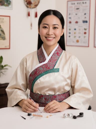 30대 아프리카계 여성이 전통 한복 스타일의 의사 가운을 입고 한의 진단 테이블에 앉아 진료 도구를 손에 들고 편안한 미소를 짓고 있는 반신 사진. 따뜻한 조명이 비치는 진료실 배경에는 전통 한의학 도구와 차트가 배치되어 있어 친근하고 전문적인 분위기를 조성합니다.