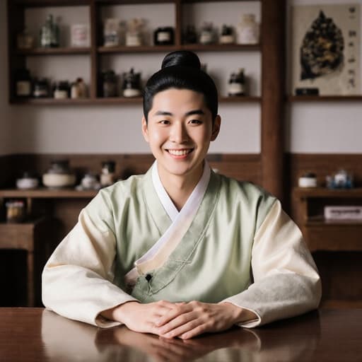 부드러운 색상의 전통 한복을 입은 10대 후반의 동양인 남성이 아늑한 전통 한의원 상담 테이블에 앉아 밝게 웃고 있습니다. 그의 손은 테이블에 올려져 있으며 상담을 준비하고 있습니다. 배경에는 뜸이 놓인 테이블과 정리된 한약재가 있어 초대하는 분위기를 만들어냅니다.