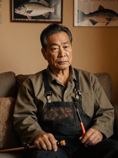 50대 아시아계 남성이 자연스러운 외모로 어부 스타일의 작업복을 입고 아늑한 거실 소파에 앉아 있습니다. 그는 낚시 도구를 손에 들고 지루한 표정을 지으며 깊은 생각에 잠긴 듯한 모습입니다. 배경은 어류 관련 사진이 장식된 따뜻한 거실로, 아늑한 분위기를 만들어냅니다.