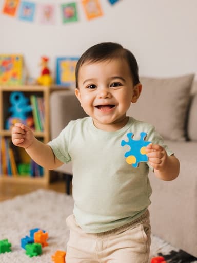 귀여운 1세 남성 라틴계 아기가 퍼즐 조각을 손에 들고 신나게 춤추고 있는 모습으로, 밝은 색상의 티셔츠와 편안한 바지를 입고 있으며, 아기자기한 장난감과 책들이 놓인 밝은 거실 배경에서 촬영된 매력적인 이미지입니다.