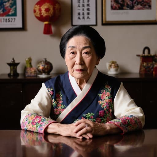 70대 동양인 여성이 화려한 전통 한복을 입고 회의실 테이블에 앉아 외로운 표정을 짓고 깊은 생각에 잠긴 모습의 절묘한 반신 촬영, 전통 축제로 장식된 회의실 배경.