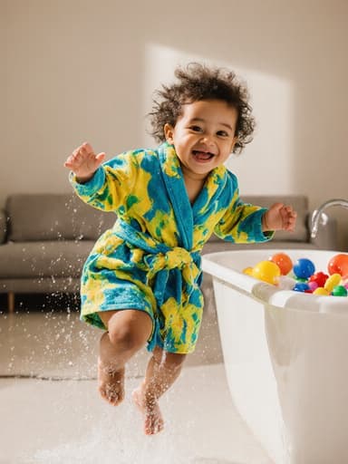 밝은 색상의 목욕 가운을 착용한 1세의 라틴계 여성 아기가 욕조 옆에서 물놀이를 하며 행복하게 점프하는 전신 사진입니다. 아기는 순수한 미소를 지으며 장난기 가득한 순수함을 표현하고 있습니다. 배경은 욕조와 장난감이 놓인 밝고 아늑한 거실로, 장난스럽고 즐거운 분위기를 강조합니다.
