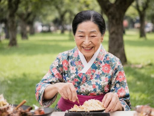 이 이미지는 화려한 꽃무늬 한복을 입고 있는 80대 동양인 여성이 테이블에 앉아 전통 음식을 위한 재료를 손으로 다듬으며 만족스럽게 미소 짓고 있는 모습을 담고 있습니다. 푸르고 아늑한 공원 배경이 이 순간의 문화적 풍요로움과 따뜻함을 더해줍니다.