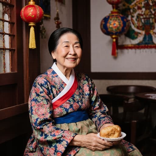 전통 한복을 입은 80세 아시아계 여성의 반신 사진으로, 축제 장식이 있는 카페에서 다리를 꼬고 앉아 있습니다. 그녀는 손에 떡을 들고 만족스러운 표정을 지으며 축제의 기쁨을 담고 있습니다.