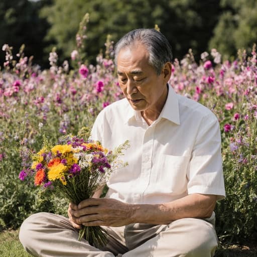 자연스러운 외모를 가진 50대 아시아계 남성이 아름다운 꽃들로 가득한 공원에서 크로스 레그로 앉아 있는 평온한 반신 샷. 그는 편안한 셔츠와 바지를 입고 있으며, 손에 다양한 꽃 재료를 들고 있습니다. 꽃들을 살펴보며 평온한 표정을 짓고 있는 모습은 차분하고 사색적인 기분을 자아냅니다. 공원의 무성한 녹음과 화려한 꽃들이 장면의 고요함을 더하는 멋진 배경을 제공합니다.