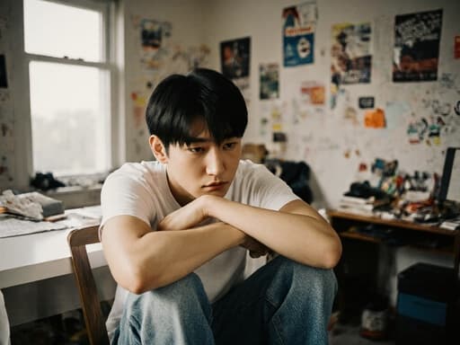 10대 초반 아시아계 남성이 편안한 티셔츠와 청바지를 입고 아늑한 침실 테이블에 앉아 피곤한 표정을 짓고 있는 반신 촬영입니다. 그의 팔꿈치는 테이블에 올려져 있고, 고개를 약간 숙이고 있습니다. 배경은 벽에 포스터가 붙어 있고 책들이 어지럽혀진 따뜻한 침실을 보여주며, 개인적이고 친근한 분위기를 만들어 냅니다.