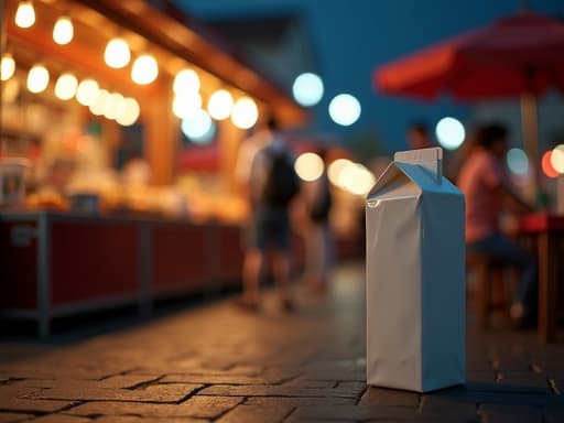 중앙에 우유 팩이 있고, 밤의 활기찬 거리 음식 시장에서 따뜻한 주변 조명과 붐비는 분위기, 배경에 다른 음식 노점들이 있으며 부드러운 그림자와 사실적인 질감이 있습니다.