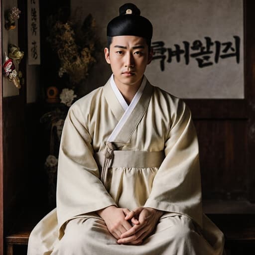 전통 한복을 입은 20대 동양인 남성이 한의원 대기실에 크로스 레그로 앉아 걱정스러운 표정을 짓고 있으며, 무릎 위에 손을 올리고 있습니다. 주변에는 한약재와 전통적인 장식이 있어 부드럽고 따뜻한 분위기를 자아냅니다.