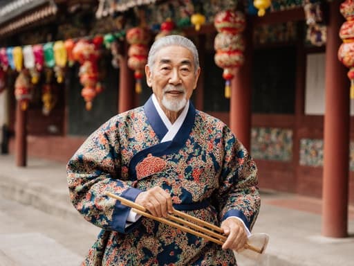 70대 한국인 남성이 화려한 전통 한복을 입고, 전통 악기를 들고 달리며 축제의 즐거움을 만끽하는 모습의 반신 사진. 화려한 전통 축제 장식으로 꾸며진 야외 공간에서 평온한 표정을 지으며 축제의 정수를 포착합니다.