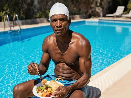 편안한 수영복을 입고 음식을 즐기고 있는 60대 아프리카계 남성을 담은 반신 이미지. 푸른 수영장 옆에 앉아 무관심한 표정을 지으며 여유로운 야외 분위기 속에 있습니다.