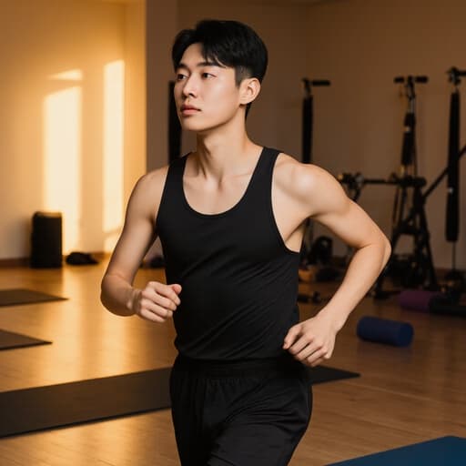 10대 초반 아시아계 남성이 편안한 요가 복을 입고, 아늑한 조명과 다양한 요가 용품이 배치된 요가 스튜디오에서 요가 매트를 따라 자신감 있게 달리고 있는 모습입니다. 그의 자연스러운 외모와 우아한 표정은 활동적인 라이프스타일과 마음챙김을 잘 나타내고 있습니다.