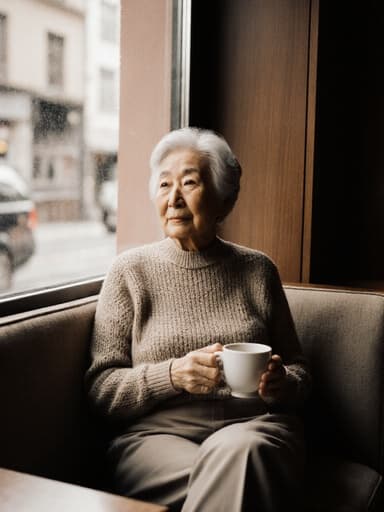 70대 동양인 여성의 반신 촬영으로, 자연스러운 외모를 지닌 그녀가 아늑한 카페의 소파에 앉아 편안한 니트 스웨터와 집에서 입기 좋은 바지를 착용하고 있습니다. 그녀는 외로운 표정을 지으며 생각에 잠겨 커피 잔을 부드럽게 들고 있습니다. 따뜻한 카페 내부와 햇빛이 어우러져 평화로운 분위기를 만들어냅니다.