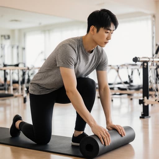 20대 동양인 남성이 세련된 필라테스 복장을 입고 필라테스 매트를 정리하는 모습이 담긴 반신 사진입니다. 밝고 깔끔한 운동 스튜디오에서 다양한 운동 기구들이 배치되어 있으며, 그는 우아하고 집중한 표정을 지으며 건강한 라이프스타일의 주제를 완벽하게 표현하고 있습니다.