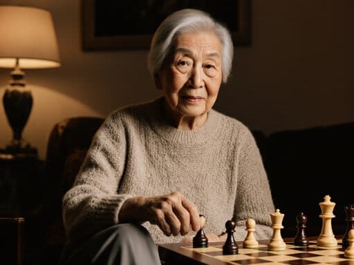 아늑한 거실에 앉아 편안한 니트 스웨터와 슬랙스를 입은 80대 동양인 여성의 차분한 반신 사진입니다. 그녀는 체스판을 바라보며 한 손에 체스 말을 잡고 있으며, 따뜻한 조명이 아늑한 분위기를 만들어냅니다.
