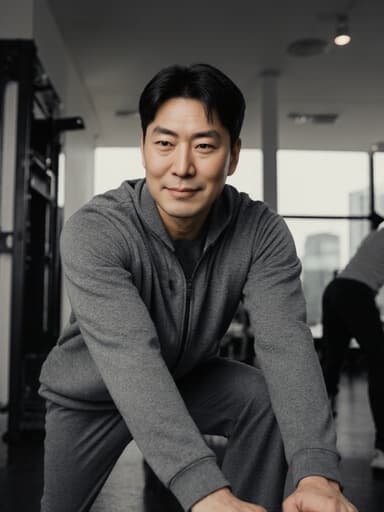 이 이미지는 40대 한국 남성이 현대적인 헬스장에서 가벼운 스트레칭 운동을 하는 모습을 보여줍니다. 그는 자연스러운 외모를 지니고 편안한 운동복을 입고 있으며, 깔끔한 헬스장 배경 속에서 여유롭고 편안한 분위기를 풍깁니다.