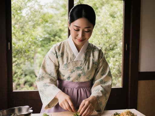 30대 동양인 여성이 전통 한복을 입고, 자연광과 식물로 가득한 아늑한 치료실에서 재료를 손질하며 건강 관리에 대한 열정을 드러내는 모습의 반신 사진.