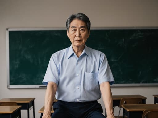 60대 한국인 남성이 자연스러운 외모로 편안한 교복 스타일의 옷을 입고 전통적인 교실에서 스트레칭을 하고 있는 반신 사진입니다. 그의 표정은 집중하고 차가운 모습으로, 학습이나 가르침을 준비하며 몸을 풀고 있는 모습이 강조됩니다.