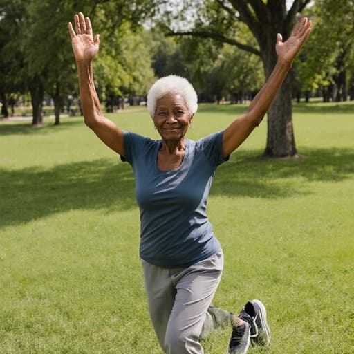 70대 흑인 여성이 편안한 운동복과 운동화를 입고 팔을 위로 쭉 뻗으며 무관심한 표정을 짓고 있는 반신 사진. 배경은 푸른 잔디와 나무들이 있는 아름다운 공원으로, 그녀의 편안한 움직임을 강조하는 평화로운 분위기를 자아냅니다.