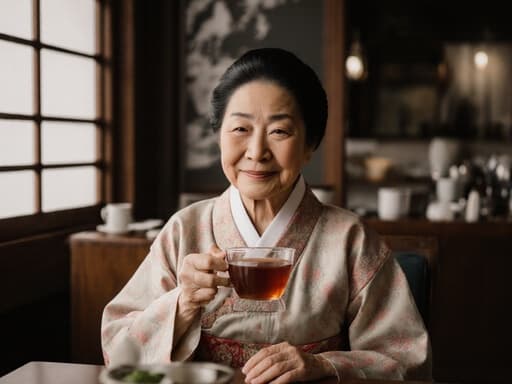 80대 혼혈 여성이 전통 한복을 입고 아늑한 카페에서 편안하게 앉아 차를 마시며 만족스러운 미소를 짓고 있는 모습의 반신 촬영. 배경은 전통과 현대가 어우러진 인테리어로 따뜻하고 초대하는 분위기를 만듭니다.