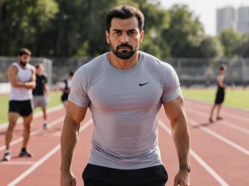 40대 중동계 남성이 운동 트랙에서 반신 샷으로 서 있으며, 스포츠 브랜드의 반팔 티셔츠와 트레이닝 팬츠를 착용하고 있습니다. 그의 진지한 표정은 경기에 대한 집중과 긴장감을 나타내며, 출발 대기 자세를 취하고 있습니다. 배경으로는 다른 운동 선수들이 훈련하는 야외 운동 트랙이 펼쳐져 있어 경쟁적인 분위기를 자아냅니다.