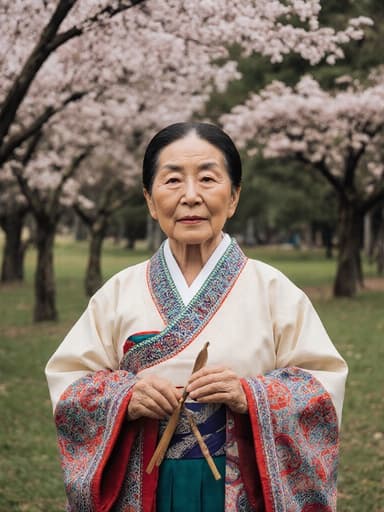 80대 한국인 여성이 전통 한복을 입고 조용한 공원에서 서 있는 모습의 전신 촬영, 손에 전통 공예 도구를 들고 무관심한 표정을 지으며 나무와 꽃이 있는 평화로운 환경 속에서 담아낸 이미지.