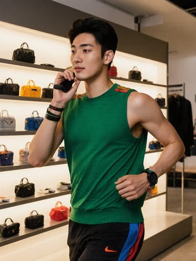 자신감 넘치는 10대 후반 아시아계 남성이 스타일리시한 운동복을 입고, 다양한 액세서리가 진열된 패션 매장 내부에서 달리며 트렌디한 액세서리를 조정하는 모습의 전신 사진. 모델의 자신감 넘치는 표정과 역동적인 자세가 에너지와 스타일을 전달합니다.