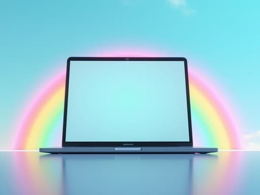 노트북, 디지털 기기, 맑은 파란 하늘에 뜬 화려한 무지개, 희망적이고 다채로운