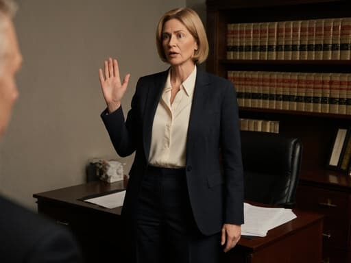 40대 자연스러운 외모의 백인 여성이 정장 자켓과 블라우스를 입고, 놀란 표정을 지으며 손을 약간 들어 인사하는 자세의 반신 사진입니다. 배경은 법률 서류가 정리된 테이블과 법학 서적이 있는 전문적인 법정 사무 공간으로, 프로페셔널함과 긴장감을 전달합니다.