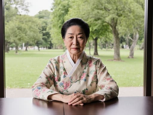 70대의 유럽계 여성이 부드러운 색상의 꽃무늬 한복을 입고 회의실 테이블에 앉아 약간 구부정한 자세로 지루한 표정을 짓고 있는 모습. 배경은 푸른 나무와 잔디가 있는 평화로운 공원입니다.