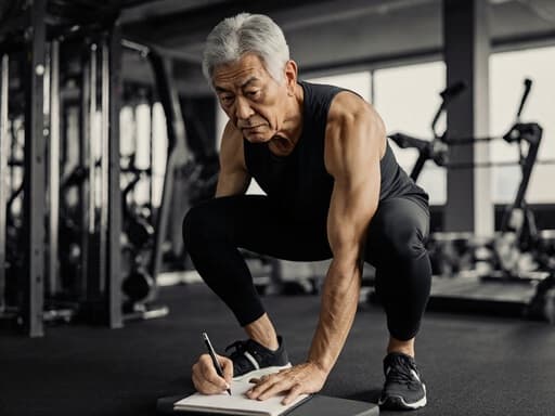 60세 아시아계 남성이 운동복을 입고, 현대적인 피트니스 환경에서 노트에 적으며 결단력 있는 표정을 짓고 있는 반신 사진입니다.