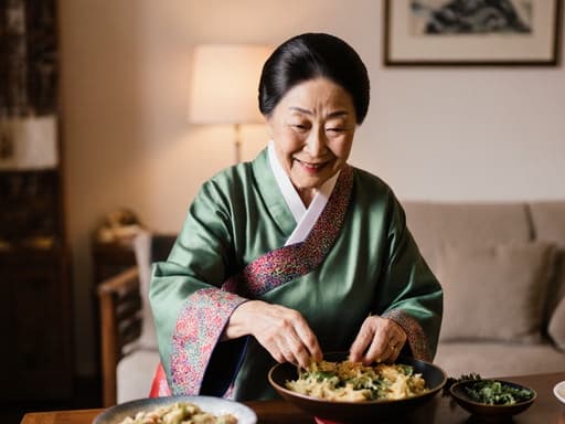 70대 동양인 여성 모델이 전통 한복을 입고 아늑하게 조명이 비추는 거실에서 전통 음식을 준비하며 편안한 미소로 행복을 전하고 있는 모습.