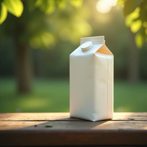 나무 공원 벤치 위의 우유 팩, 부드러운 햇살이 나뭇잎 사이로 필터링되는 도시 공원 환경, 고요하고 따뜻한 분위기.