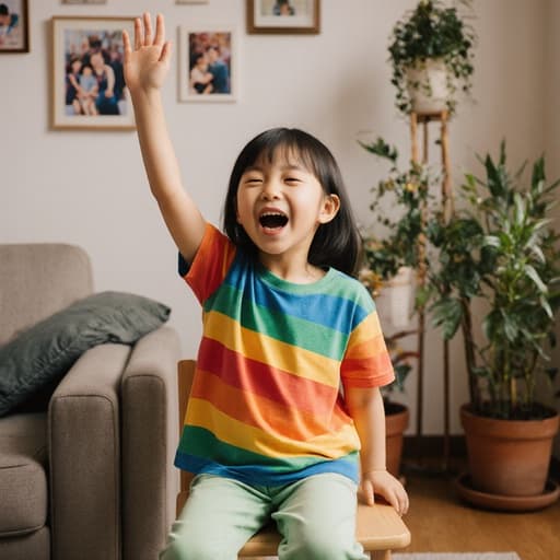 7세 아시아계 여성 아동이 화려한 색상의 티셔츠와 편안한 바지를 입고 작은 의자에 앉아 있는 모습입니다. 자연스러운 외모를 지니고 있으며, 손을 들고 기쁜 표정을 지으며 노래를 부르고 있습니다. 배경에는 가족 사진과 화초가 있는 아늑한 거실이 있어 따뜻하고 초대하는 분위기를 자아냅니다.