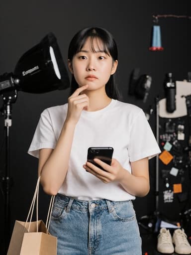 10대 초반 아시아계 여성의 반신 사진으로, 캐주얼한 티셔츠와 청바지를 입고 있으며 가벼운 스니커즈를 신고 있습니다. 그녀는 생각에 잠긴 표정으로, 한 손에 스마트폰을 들고 다른 한 손은 쇼핑백을 쥐고 있습니다. 배경은 다양한 소품과 조명이 배치된 사진 스튜디오로, 전체적인 분위기가 패션과 일상 생활의 순간을 잘 담아내고 있습니다.