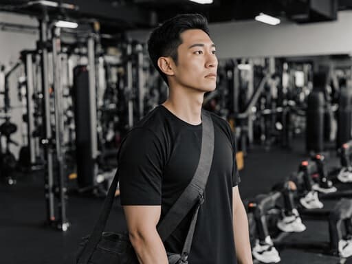 이 이미지는 30대 아시아계 남성이 지루한 표정을 지으며 운동 기구가 잘 갖춰진 실내 훈련 공간에 서 있는 반신 촬영을 보여줍니다. 그는 세련된 운동복과 운동화를 입고 있으며, 트레이닝 가방을 어깨에 걸치고 있어 패션과 피트니스가 조화를 이루는 편안한 분위기를 연출합니다.