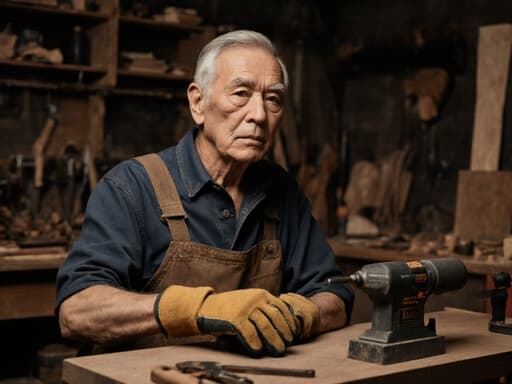60대 혼혈 남성이 작업복과 장갑을 착용하고 작업대에 앉아 진지한 표정으로 도구를 바라보고 있는 반신 촬영. 배경은 나무로 만든 가구가 있는 작업실입니다.