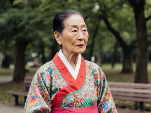 80대 한국인 여성이 화려한 색상과 정교한 자수가 돋보이는 전통 한복을 입고, 푸르른 나무와 벤치가 있는 조용한 공원에서 주위를 바라보며 무관심한 표정을 짓고 있는 반신 사진입니다.