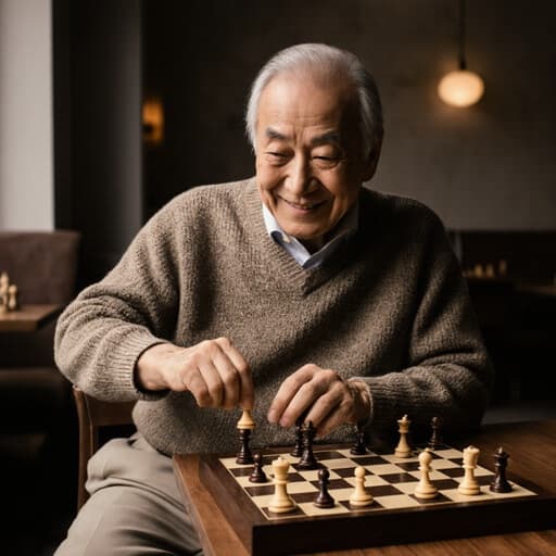 이 이미지는 80대의 동양인 남성이 따뜻하게 미소 지으며 아늑한 카페에서 체스판과 함께하는 모습을 보여줍니다. 그는 편안한 니트 스웨터와 바지를 입고 있으며, 여유로운 분위기를 자아냅니다. 카페 배경은 편안한 기분을 더해주며, 여유롭고 전략적인 순간을 담고 있습니다.