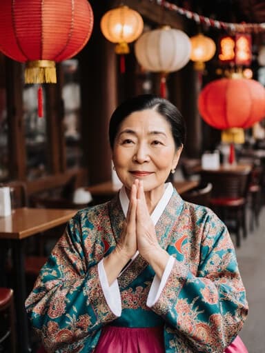 화려한 전통 한복을 입고 따뜻하고 친근한 표정을 짓고 있는 70대 동양인 여성의 반신 샷. 전통 축제를 기념하기 위해 장식된 카페에서 두 손을 모아 인사하는 모습입니다.