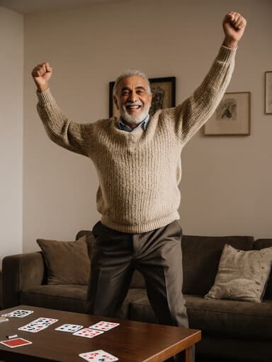 70대 중동계 남성이 따뜻하게 미소 지으며 점프하는 모습의 반신 사진으로, 아늑한 거실에서 카드 게임을 준비하고 있는 장면입니다.