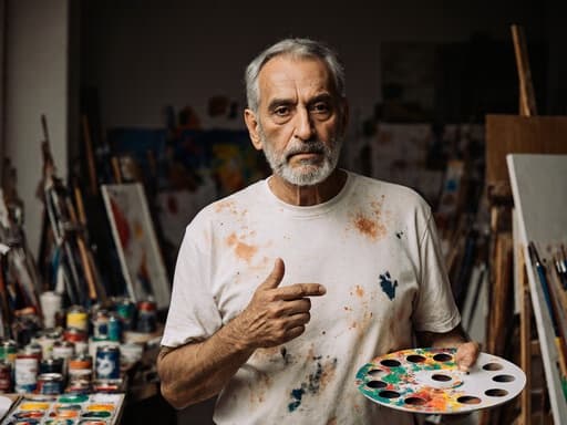 50대 중동계 남성이 자연스러운 주름이 있는 외모로 편안한 작업복과 페인트 얼룩이 묻은 티셔츠를 입고 있는 반신 촬영입니다. 그는 걷고 있으며, 한 팔에는 팔레트를 들고 다른 손으로 붓을 가리키고 있으며, 진지한 표정으로 깊은 생각에 잠겨 있습니다. 배경에는 다양한 색상의 페인트 통과 캔버스가 있는 예술 스튜디오의 내부가 보이며, 생동감 있고 창의적인 분위기를 자아냅니다.