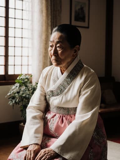 80대 한국인 여성의 반신 상반신 사진으로, 부드러운 색상의 패턴이 있는 전통 한복을 착용하고 있습니다. 걱정스러운 표정을 지으며 약간의 긴장감을 느끼며 편안한 자세로 스트레칭을 하고 있는 모습이 담겨 있습니다. 전통 소품과 식물로 꾸며진 아늑한 거실 배경이 따뜻하고 초대하는 분위기를 만들어냅니다.