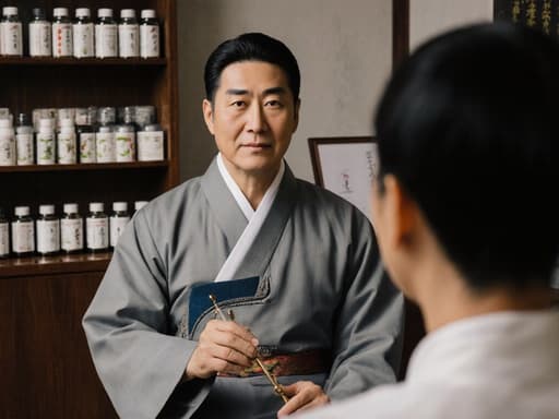 50대의 라틴계 남성이 전통 한복을 입고 깔끔한 외모를 유지하며 자신감 넘치는 표정으로 진지하게 환자와 대화하고 있는 반신 샷. 그는 한의학 진단 도구를 손에 들고 앉아 있으며, 배경에는 전통적인 인테리어와 약제들이 진열된 한의원의 모습이 보입니다. 전체적인 분위기는 전문적이고 따뜻하며, 그의 전문성과 헌신을 강조합니다.