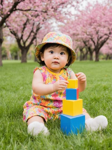 푸른 잔디가 깔린 공원에서 밝은 색상의 아기 옷과 모자를 쓴 1세 동양인 여성 아기가 블록을 쌓기 위해 기다리는 자세로 앉아 있습니다. 그녀는 호기심이 가득하고 배고픈 표정을 짓고 있으며, 나무와 꽃들로 둘러싸인 장면이 그녀의 순수함과 장난기 넘치는 모습을 잘 담고 있습니다.