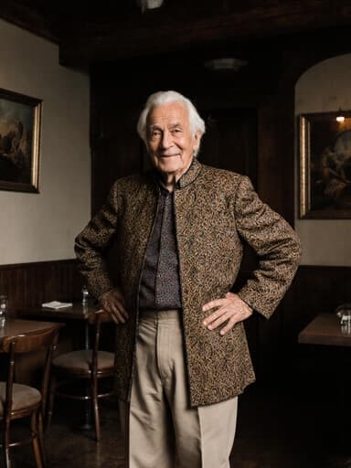 아늑한 카페에서 따뜻한 미소를 지으며 서 있는 전통 의상을 입은 80대 유럽 남성의 전신 사진, 자연스러운 외모와 공간의 매력적인 분위기를 보여줍니다.