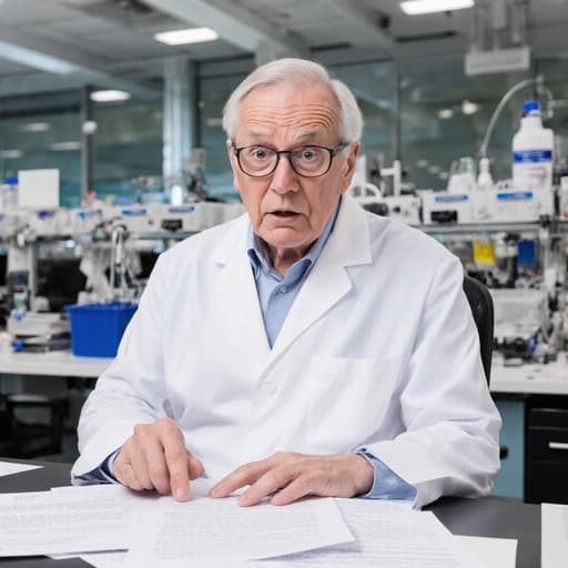 60대 백인 남성 연구원이 최신 연구 센터에서 흰색 실험복과 안경을 착용하고 놀란 표정으로 연구 자료를 살펴보며 문서에 손가락으로 가리키고 있습니다. 첨단 실험실 장비가 주변에 있어 과학적인 분위기를 더하고 있습니다.