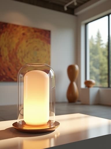 현대 미술 갤러리 내부에 있는 부드러운 빛의 테이블 램프, 추상 조각들이 있어 평화로운 분위기를 만듭니다.