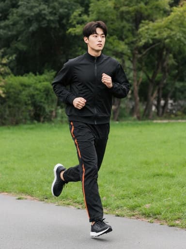 세련된 표정으로 자신감 넘치는 10대 초반 한국 남성이 자연스러운 외모로 운동복과 운동화를 착용하고, 푸른 잔디와 나무가 있는 공원에서 달리는 자세로 건강한 라이프스타일을 표현한 전신 사진.