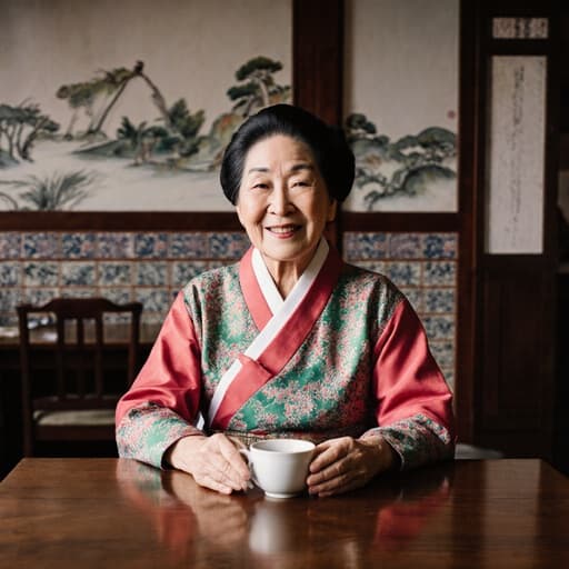 70대 아시아계 여성은 전통 한복을 입고 아늑한 카페 테이블에 앉아 편안한 미소를 지으며 차를 마시고 있는 모습을 반신 촬영으로 담았습니다. 배경은 전통적인 요소를 갖추어 따뜻하고 아늑한 분위기를 연출하며 현대적 편안함과 문화 유산이 조화를 이루고 있습니다.